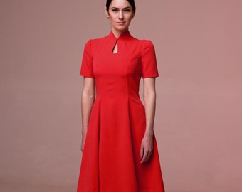 Cheongsam work dress, Modern qipao dresses for women, Simple a line dress, High neck Asian fit and flare Dress, Red Midi dress TAVROVSKA