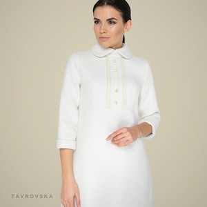 White tweed dress, Autumn winter dress with sleeves, Fall collared mini dress, A line button front empire waist dresses fo women TAVROVSKA