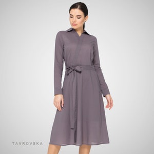 LAST SIZE / 0 us (34 eu)/ Sale/ Midi long sleeve shirt dress, Gray Cotton collar dresses for women, Modest fit and flare Dress TAVROVSKA