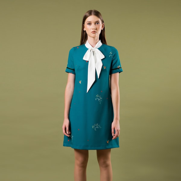 Tie neck midi dress, Bow tie dress with sleeves womens, Casual dress with necktie, Womens collared dress, Emerald green dress TAVROVSKA