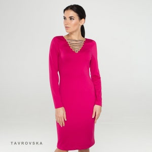 LAST SIZE 02 Us (36 Eu) Pink lace-up jersey bodycon dress, Midi Dresses for women, Long sleeve day dress women, Pencil Dress TAVROVSKA