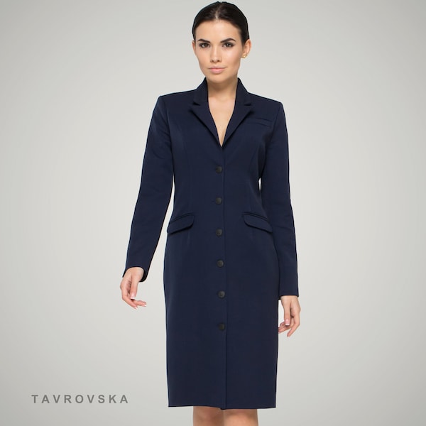 Robe smoking pour dames, Robe blazer pour femmes, Robes professionnelles d’affaires, Robe de travail à manches longues midi, Robe de costume bleu marine TAVROVSKA