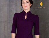 Purple pencil Cheongsam Cocktail dress, High neck collar Dresses for women, Asian Keyhole Wiggle dress, Chinese Mandarin Dress TAVROVSKA