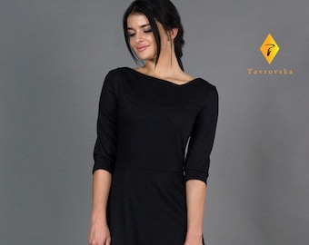 Robe midi asymétrique noire, ajustée et évasée, robe de cocktail