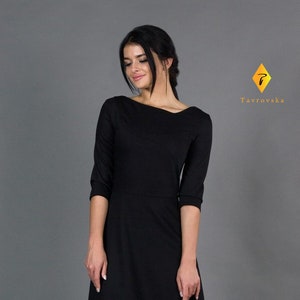 Little Black Dress, Cocktail dress, Modest black dress, Womens casual midi dress, Asymmetrical elegant dress Tailored work dresses TAVROVSKA