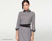 Plaid pencil winter dresses for women, Wool Peter Pan collar Dress, Midi work high neck Wiggle dress TAVROVSKA