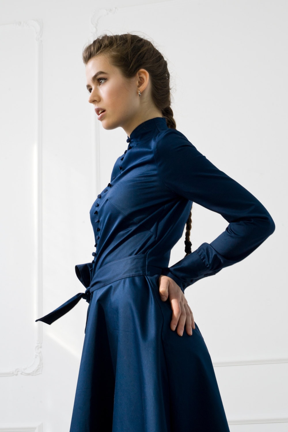High neck dress fit and flare, Covered button Mandarin collar formal dress, Blue cocktail attire long sleeve, Wedding guest dress TAVROVSKA High neck dress fit and flare, Covered button Mandarin collar formal dress, Blue cocktail attire long sleeve, Wedding guest dress TAVROVSKA