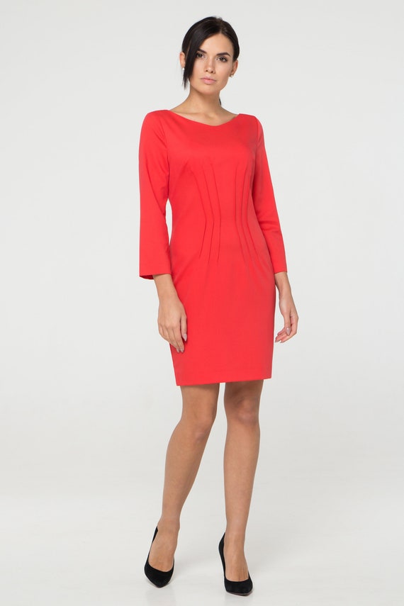 open lace back dress Topstitch Ponte Work Dress-Pomegranate main image 1