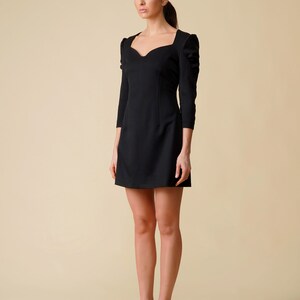 Black cocktail dress women with sweetheart neckline and puffy sleeve, Mini wedding guest dress fall, Occasion dresses for women