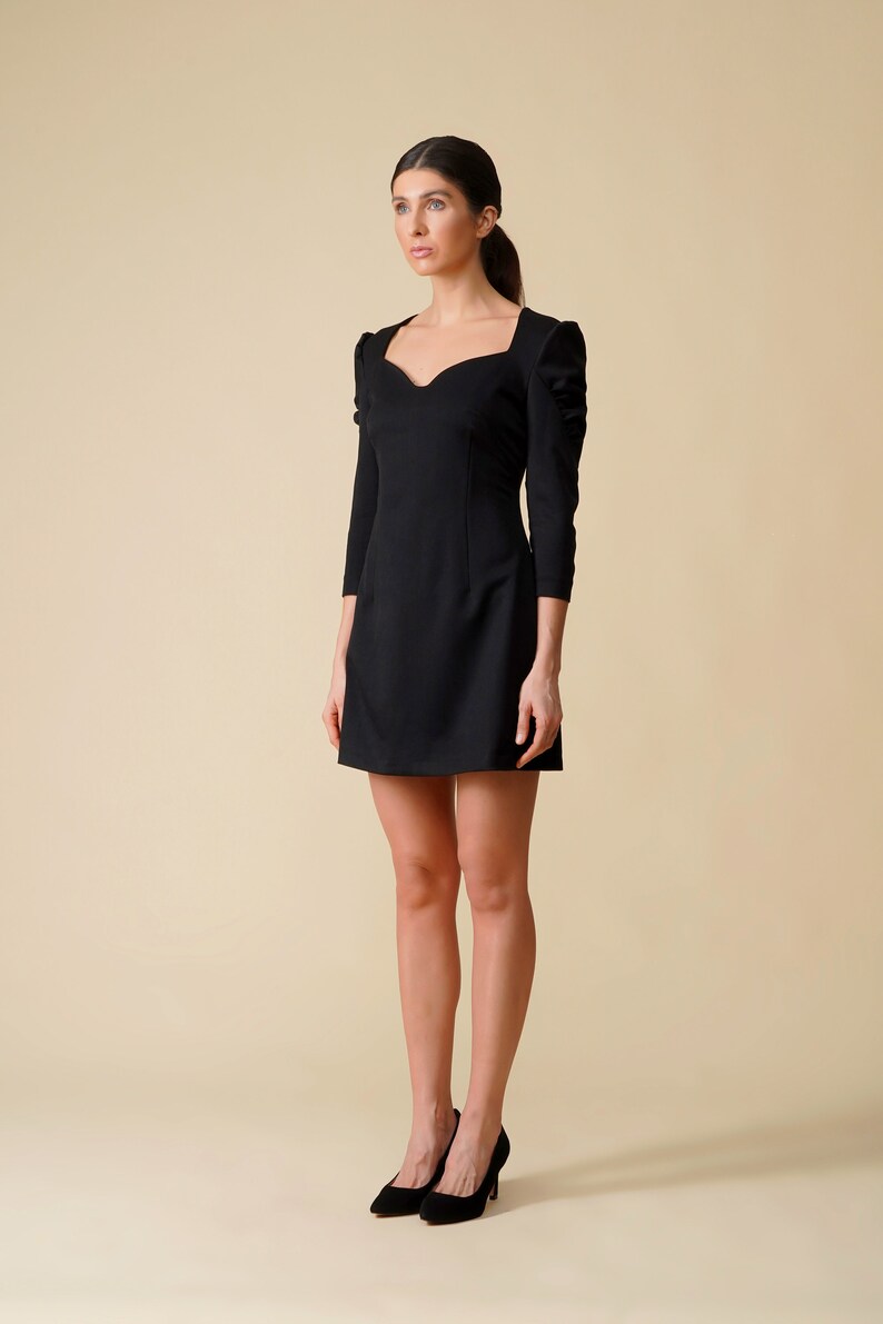 Black cocktail dress women with sweetheart neckline and puffy sleeve, Mini wedding guest dress fall, Occasion dresses for women