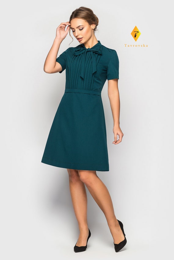 Dark Green Bow Neck Dress, Cocktail 60s Dresses for Women, A Line Casual  Office Dress, Professional Dress, Conteporary Workwear TAVROVSKA 