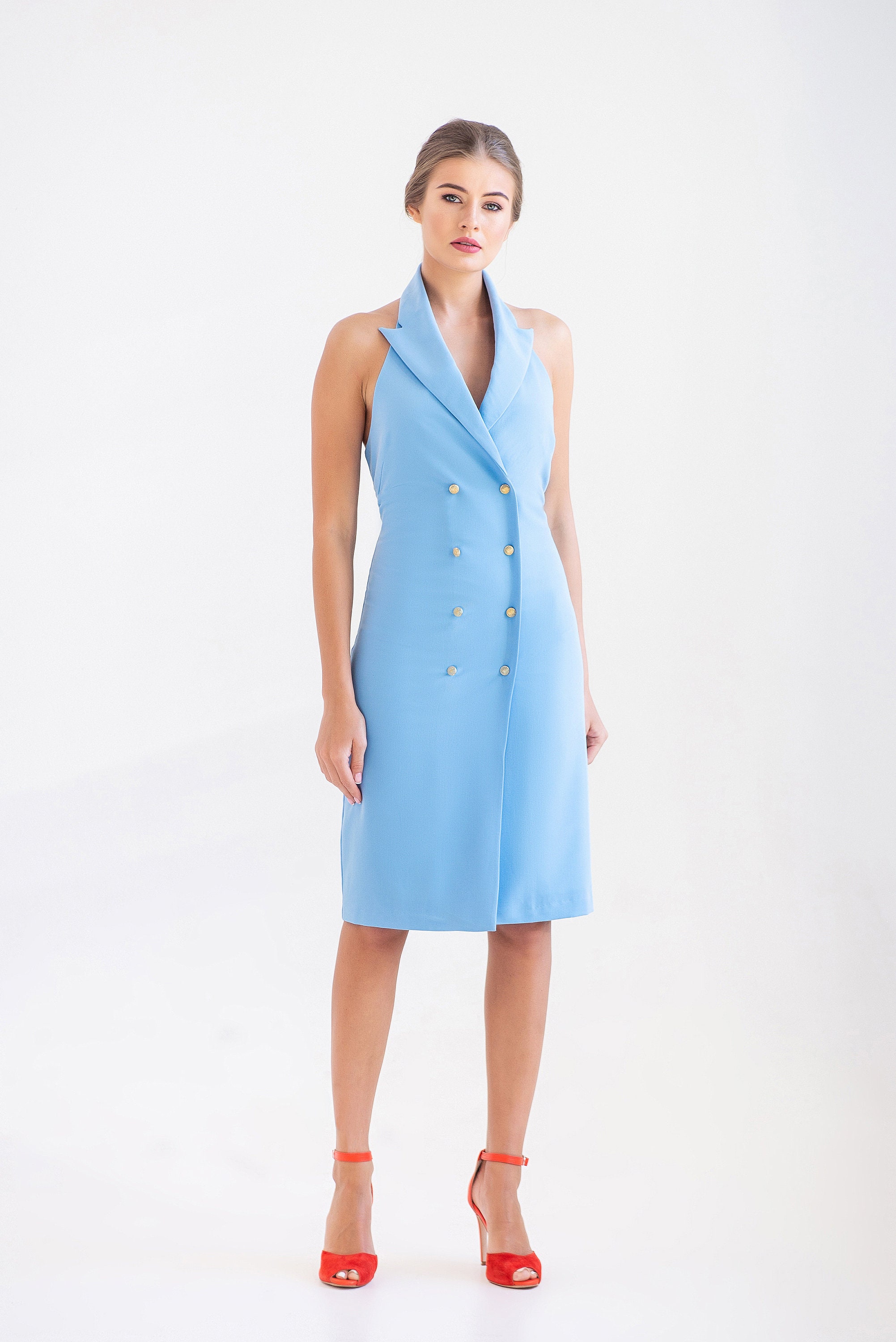light blue blazer dress Blazer Dress with Slit and Rose Accent 47886
