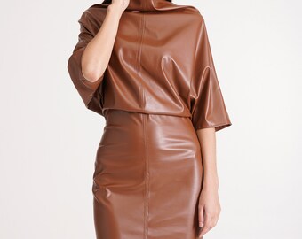 Brown Vegan Leather Kimono Dress Funnel Neck Midi Pleather attire casual outfit women blouson style Dress Midi high Neck Modern avant garde Brown Vegan Leather Kimono Dress Funnel Neck Midi Pleather attire casual outfit women blouson style Dress Midi high Neck Modern avant garde
