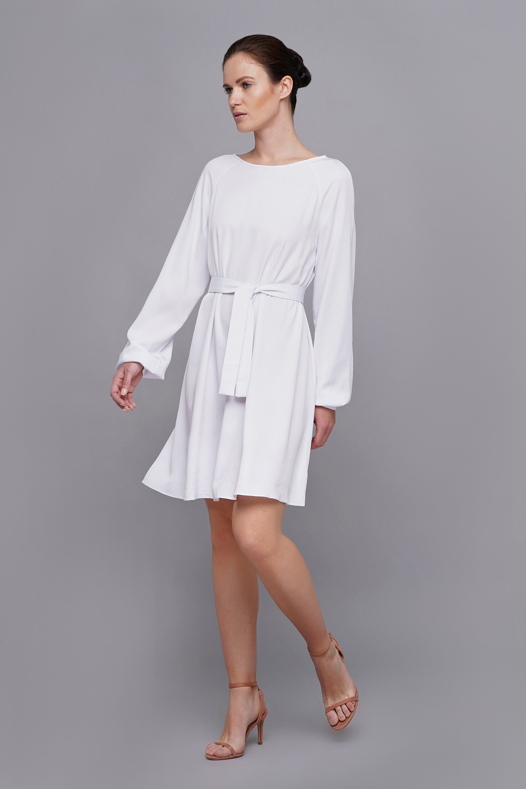 White Viscose Mini Dress Summer with Long Balloon Sleeves Flowy A-Line Dress Silk-Like Loose Fit Party Gown Elegant Minimalist Short Dress White Viscose Mini Dress Summer with Long Balloon Sleeves Flowy A-Line Dress Silk-Like Loose Fit Party Gown Elegant Minimalist Short Dress