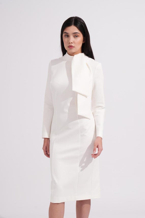 Elegant White Midi Dress With Bow, High Neck Attire Wedding Guest,  Minimalist Chic Gown Women, Long Sleeve Business Cocktail Dress TAVROVSKA -  Etsy New Zealand