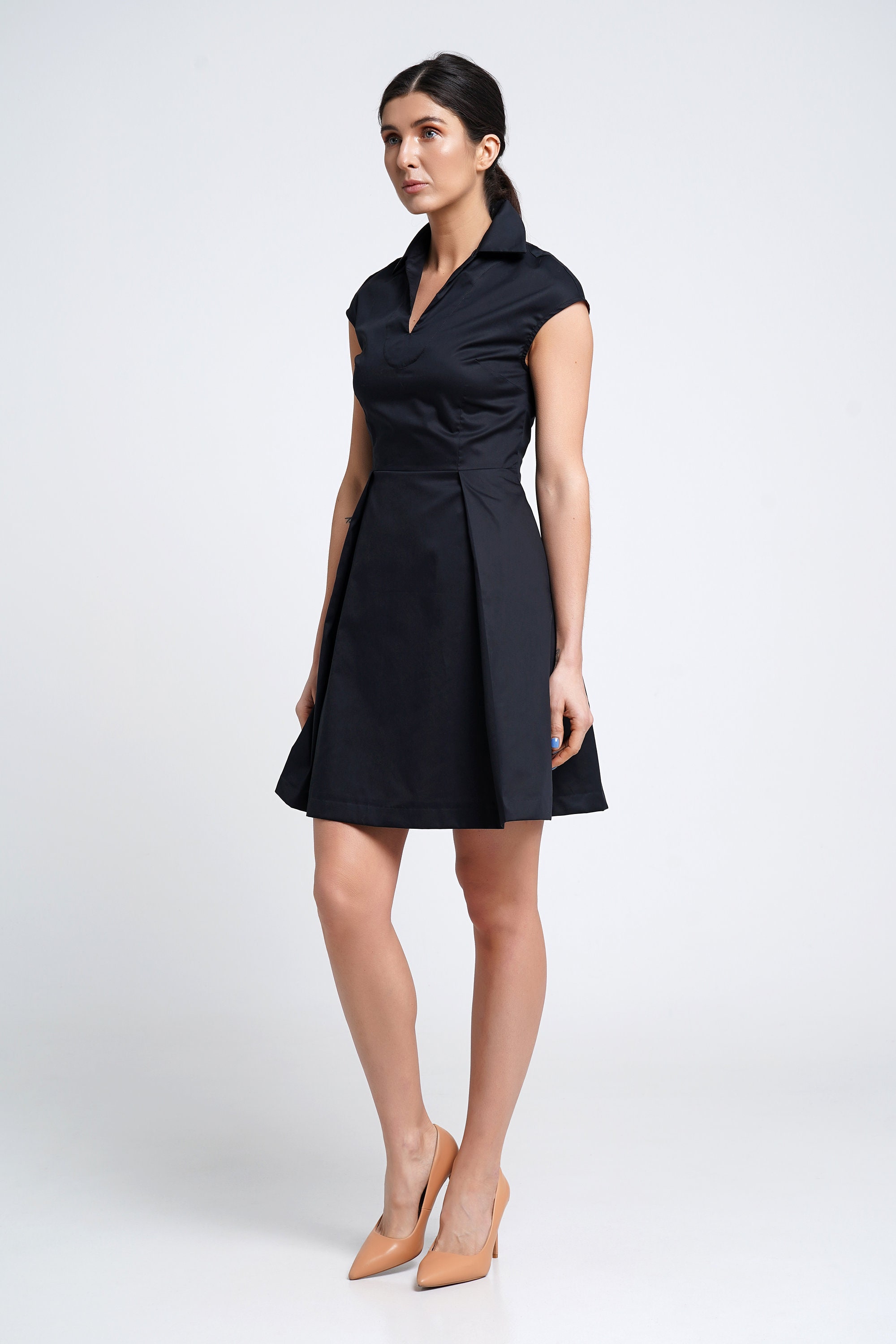 Black Cotton Shirt Dress, Pleated Mini Skirt, Travel Dress Black Cotton Shirt Dress, Pleated Mini Skirt, Travel Dress