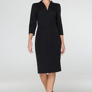 Black midi dress, Work dresses for women, Modest cocktail wedding guest dress, Modern office dress, Business professional dress