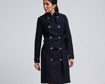 Trench coat womens, Black double breasted hardshell trench, Ponted collar gold metal buttons overcoat, Cotton midi military cloak TAVROVSKA