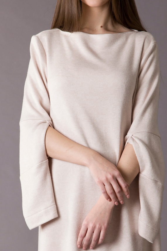 Beige Knit Maxi Dress, Boat Neck Cape Sleeves