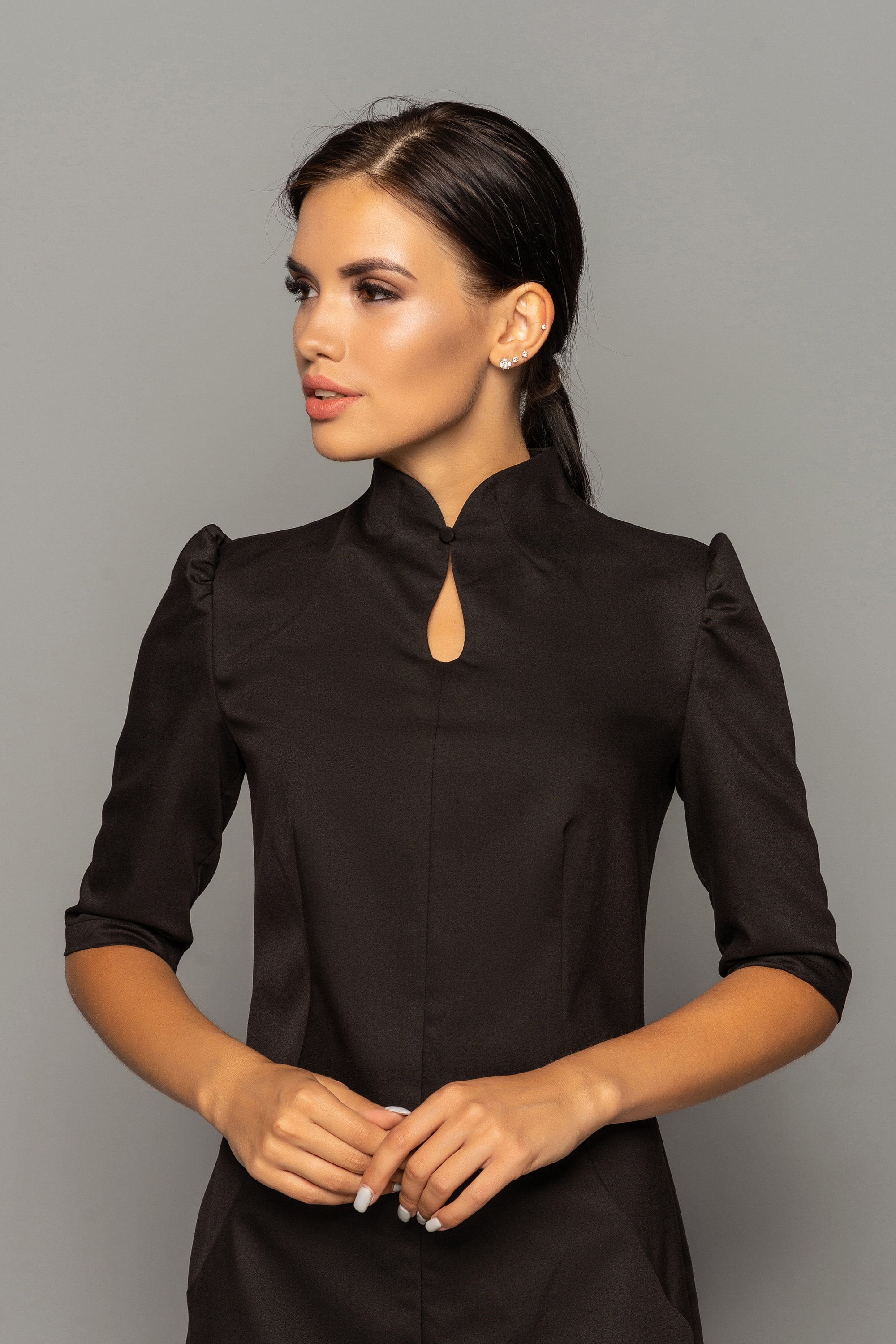 【関税込み】PHILOSOPHY CHEMISIER DRESS Qipao Modest Pencil Dress, Black Cocktail Cheongsam Dress