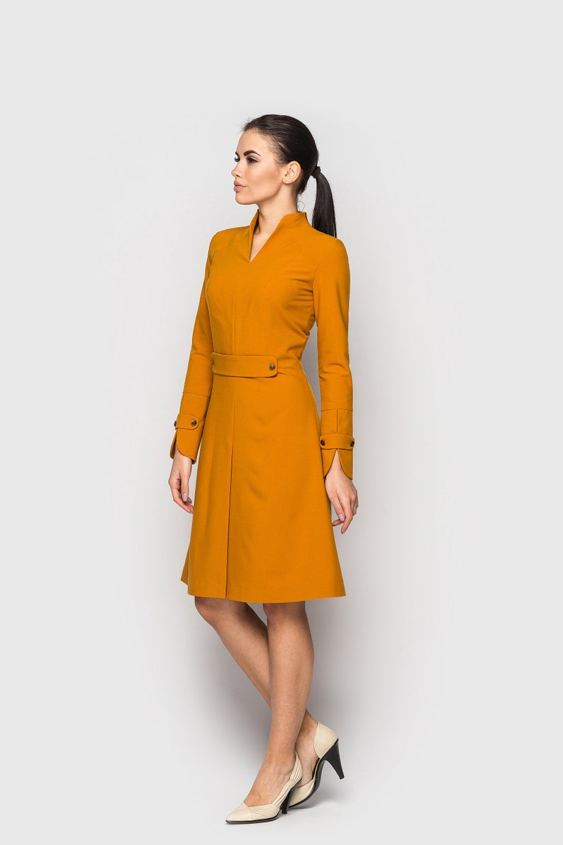 High neck cocktail structured dress Long sleeve office dresses for women Womens dresses for wedding guest Stand Collar midi dress TAVROVSKA image 5