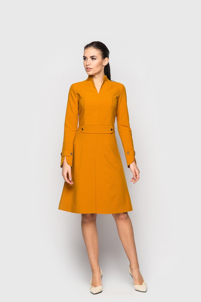 High neck cocktail structured dress Long sleeve office dresses for women Womens dresses for wedding guest Stand Collar midi dress TAVROVSKA image 7