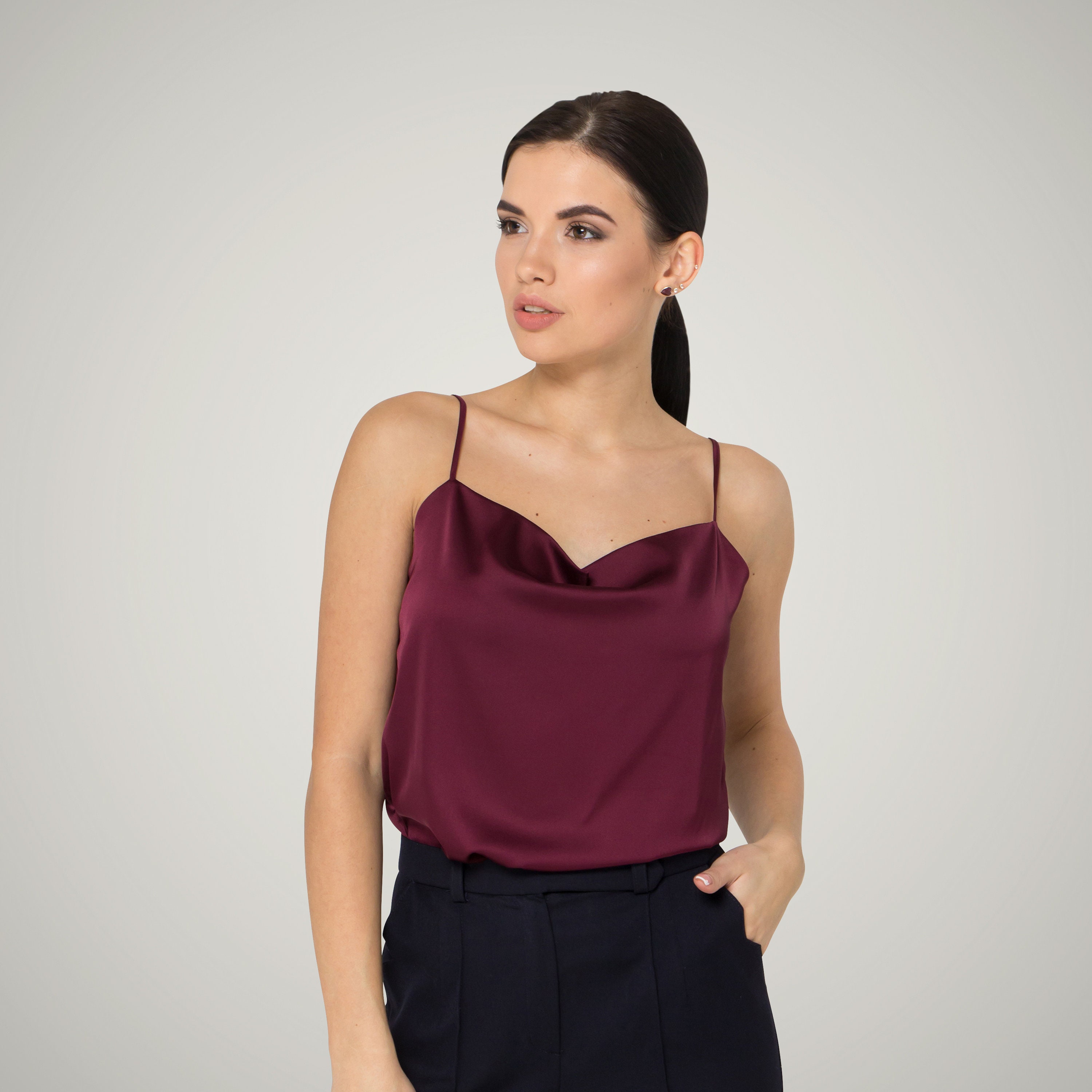 Burgundy Plain Overlay Halter Bralette Top, Tunic-Shirt, Red