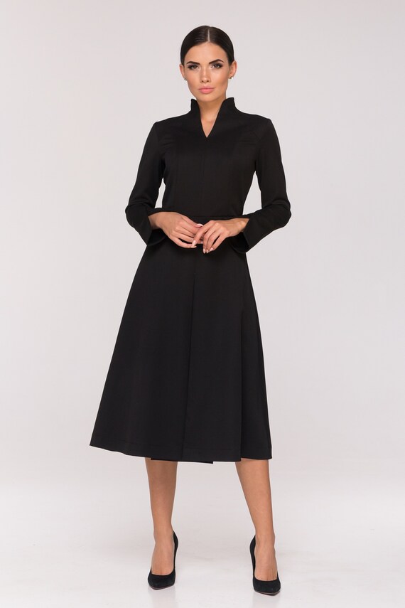 Cocktail Long Sleeve Black Women's Dress, Fit and Flare High Neck Work Dress Stand Collar Black Dresses for Women Structured Dress TAVROVSKA