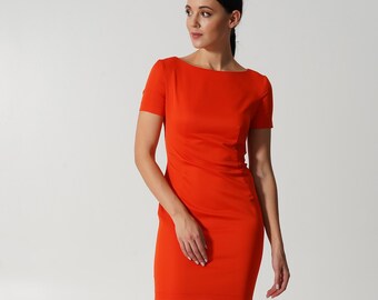 Simple orange dress, Casual pencil dresses for women, Boat neck day dress, Fitted short sleeve mini dress, Neon dress formal TAVROVSKA