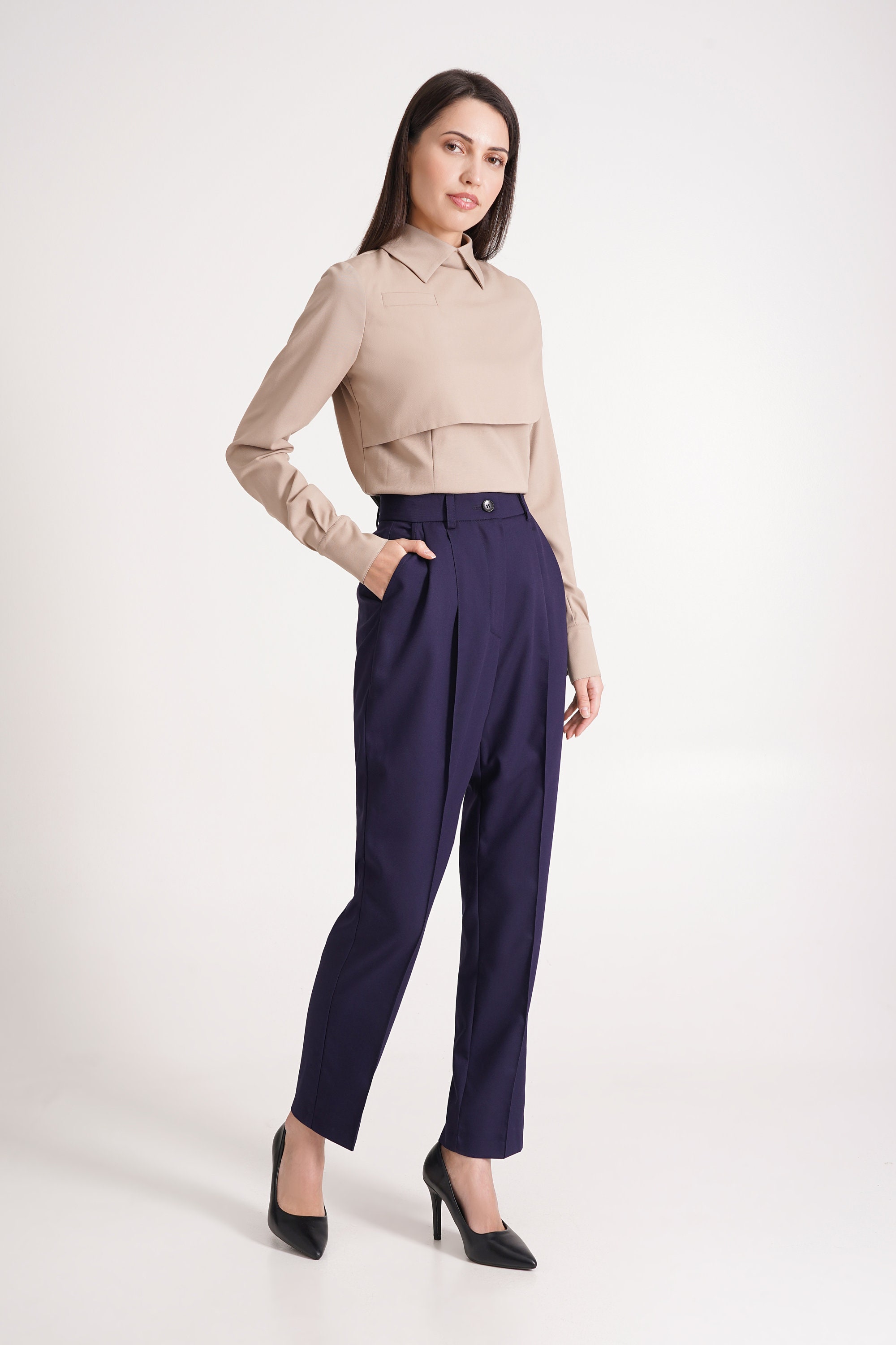 tapered cigarette trousers Navy Cigarette Pants, High Waist Tapered Dress Pants