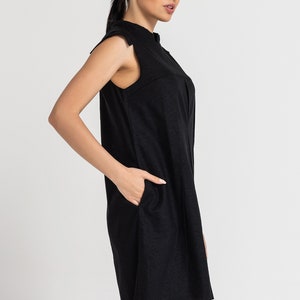 Black Linen Shift Dress summer, Mandarin Collar, Sleeveless Mini Dress image 6