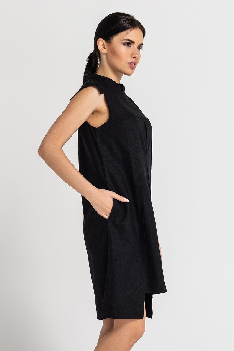 Black Linen Shift Dress summer, Mandarin Collar, Sleeveless Mini Dress image 6