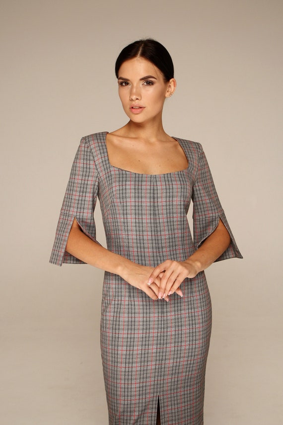 Plaid Pencil Dress, Square Neck, 3/4 Sleeve Slit