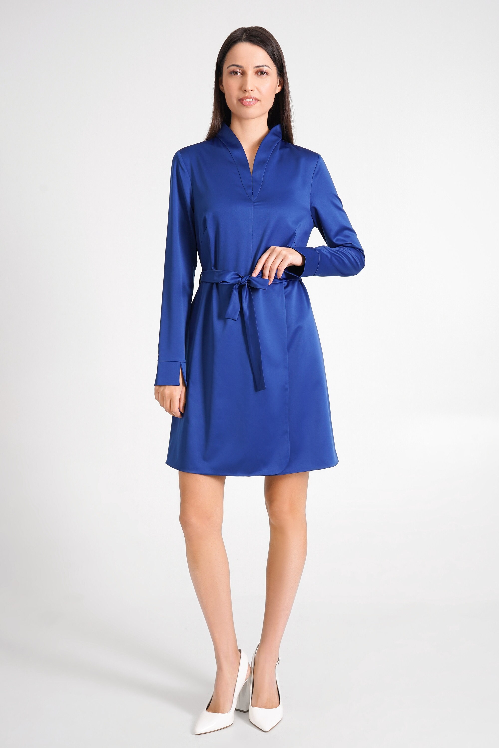 Sapphire Blue Cocktail Dress, High Neck Long Sleeve Belted Mini Dress