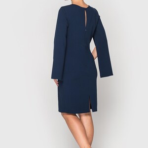 Elegant Navy Blue Cape Sleeve Dress, Midi Cocktail Dress for Women, Sheath Formal attire, Chic Evening Dress, Wedding guest outfit