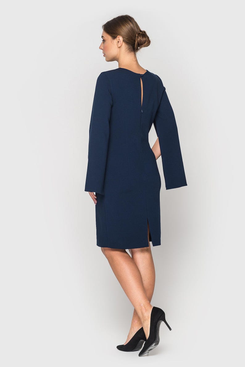 Elegant Navy Blue Cape Sleeve Dress, Midi Cocktail Dress for Women, Sheath Formal attire, Chic Evening Dress, Wedding guest outfit