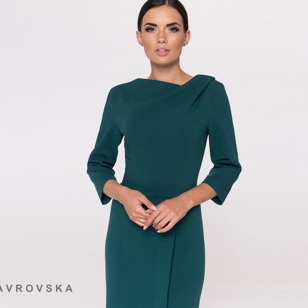 Green cocktail dress 3/4 sleeves Women wedding guest dress Cowl neck formal midi attire Elegant Corporate party Classic TAVROVSKA