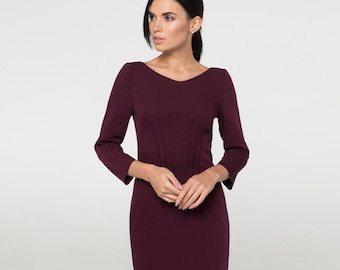 Purple sheath dress 3/4 sleeves, Cocktail pencil dress, Modern work dresses for women, Fitted modest party dress, Business attire TAVROVSKA