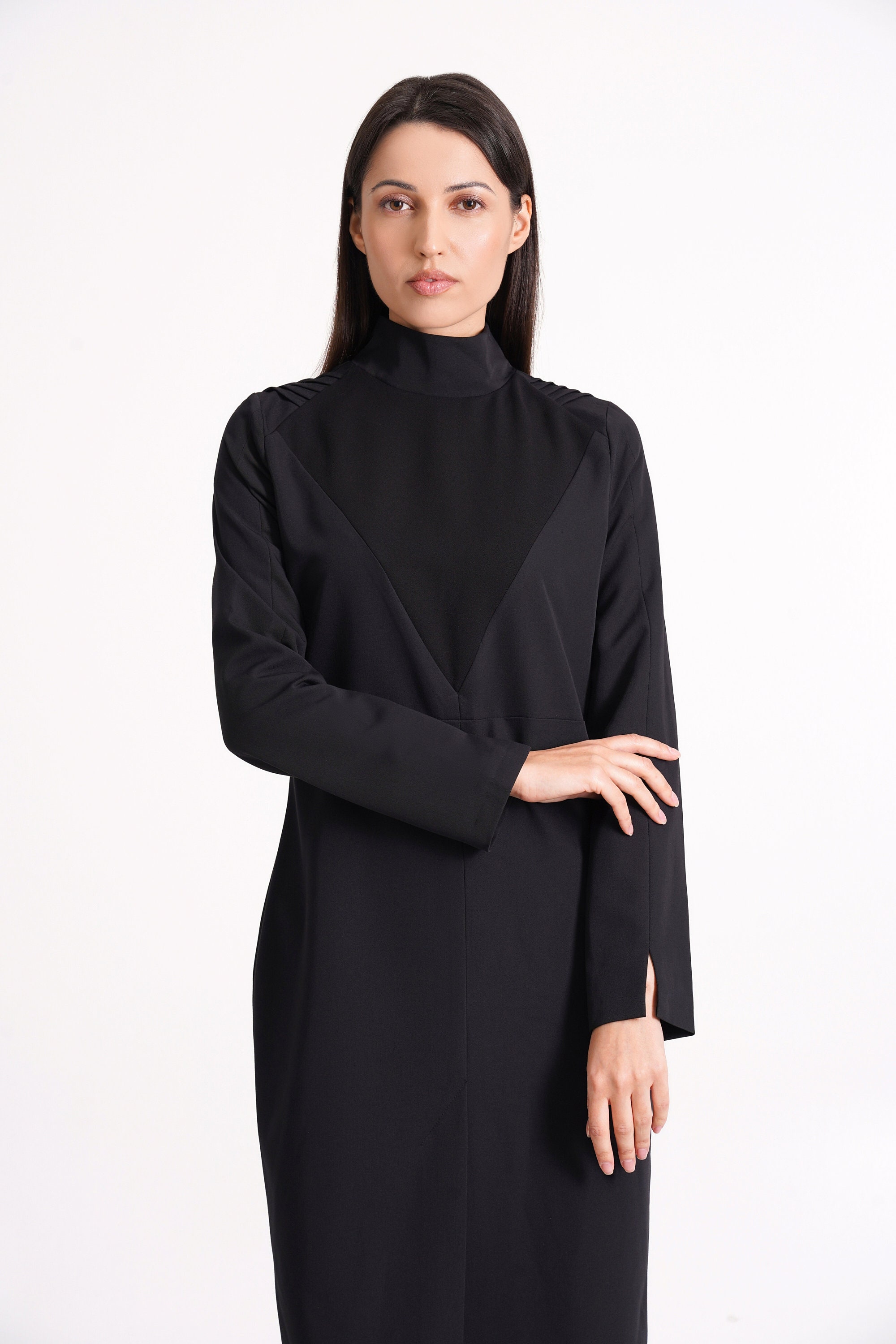 Black High Neck Pencil Dress Long Sleeve Midi Business attire Professional Work Wear women Simple office Dress Mandarincollarderess modest