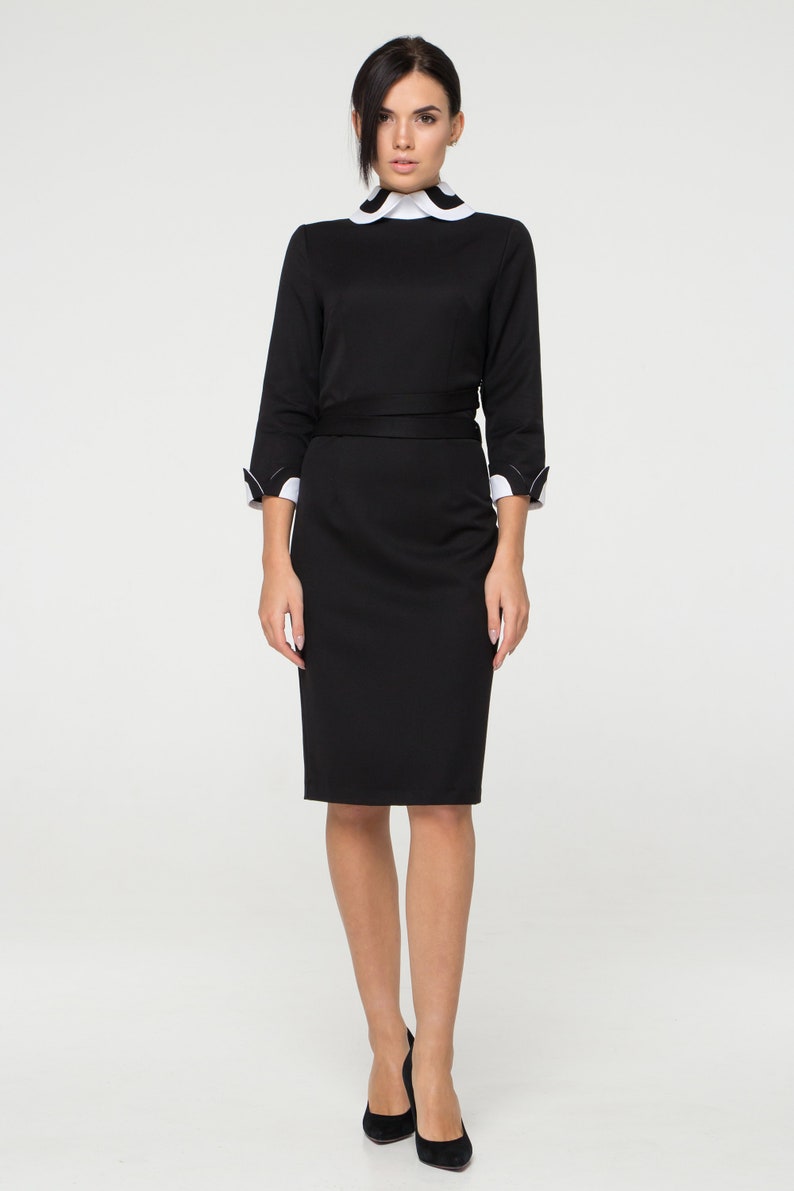 Cocktail stand collar dress Black pencil Peter pan collar dress with sleeves Winter casual midi dresses for women TAVROVSKA