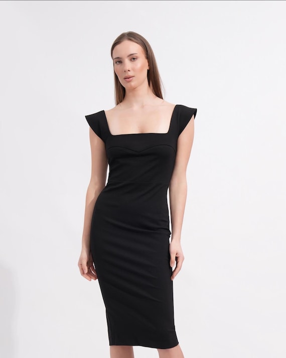 bodycon summer wedding guest dress Black Column Cocktail Elegant Dress Square Neck Wide Strap Designer Formal Guest Attire Midi TAVROVSKA US SIZE:24W SD-04.16.25 Mix & Match Moss weather favourite