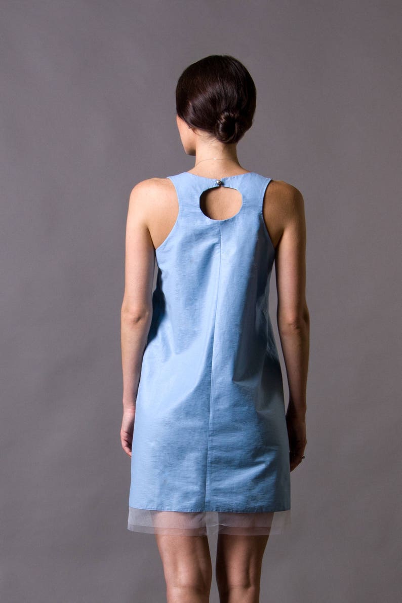 Blue cotton dress tulle bottom, Summer dresses for women, Halter Sundress, Shift vacation outfit, Minimalist Resort beach dress