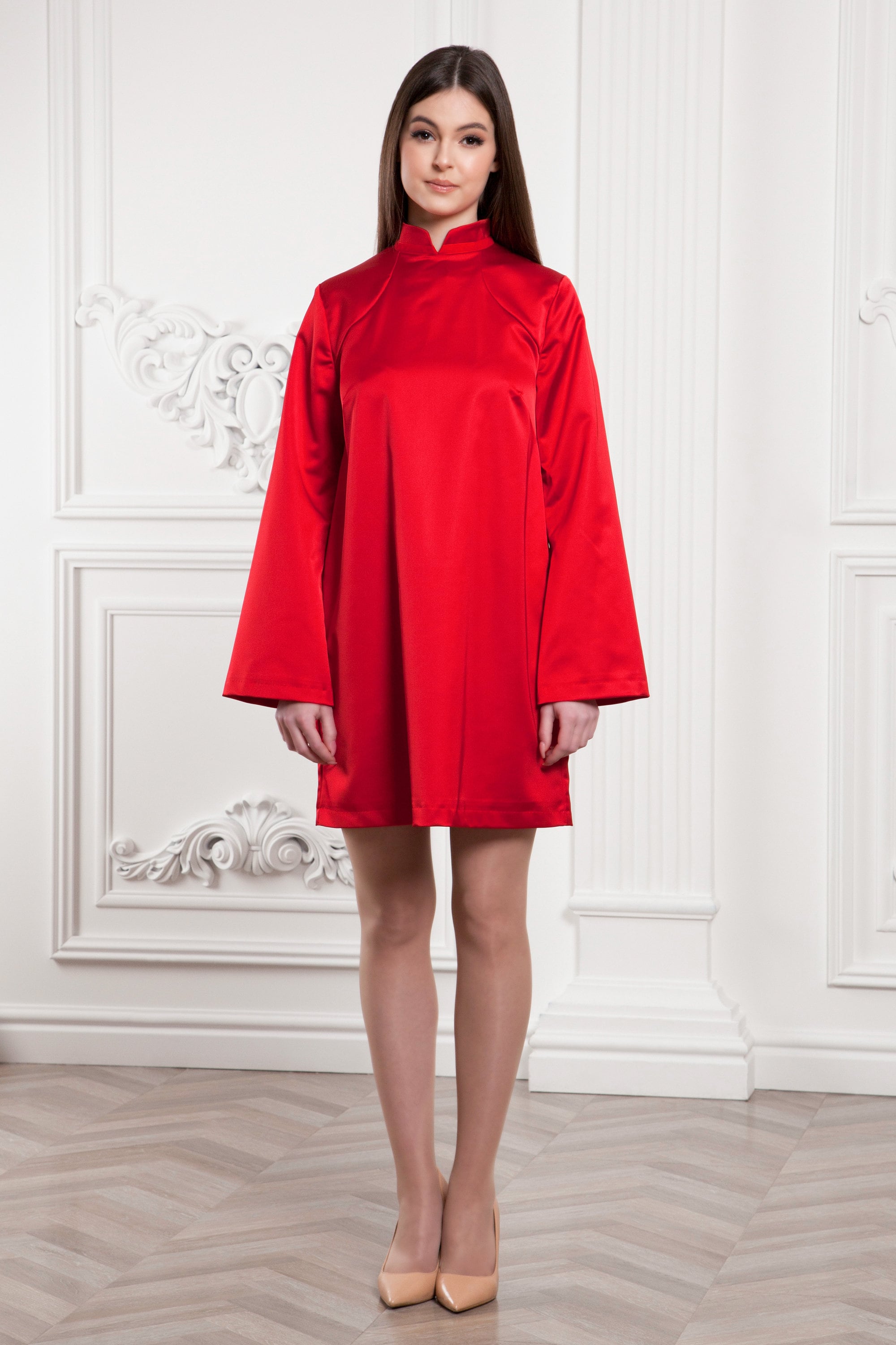 kimono style cocktail dress Red Kimono Cocktail Dress, High Neck Mandarin Collar, Occasion Dress