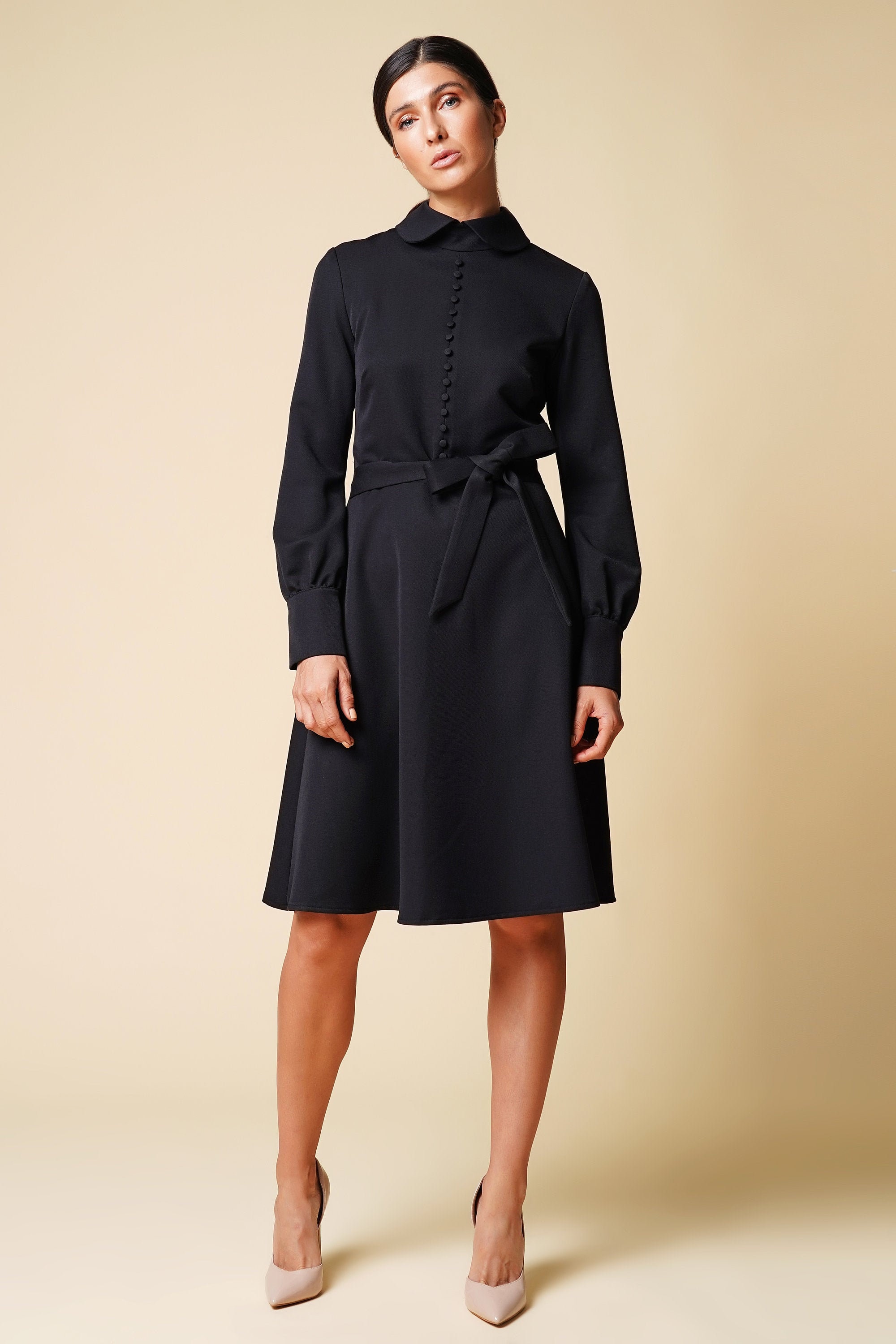 princess polly baby blue dress Black Fit and Flare Collared Dress, Button Front Midi Sophisticated Dress Workwear Dress Corporate Attire Smart Casual Dress Long Sleeve