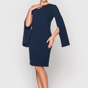 Elegant Navy Blue Cape Sleeve Dress, Midi Cocktail Dress for Women, Sheath Formal attire, Chic Evening Dress, Wedding guest outfit