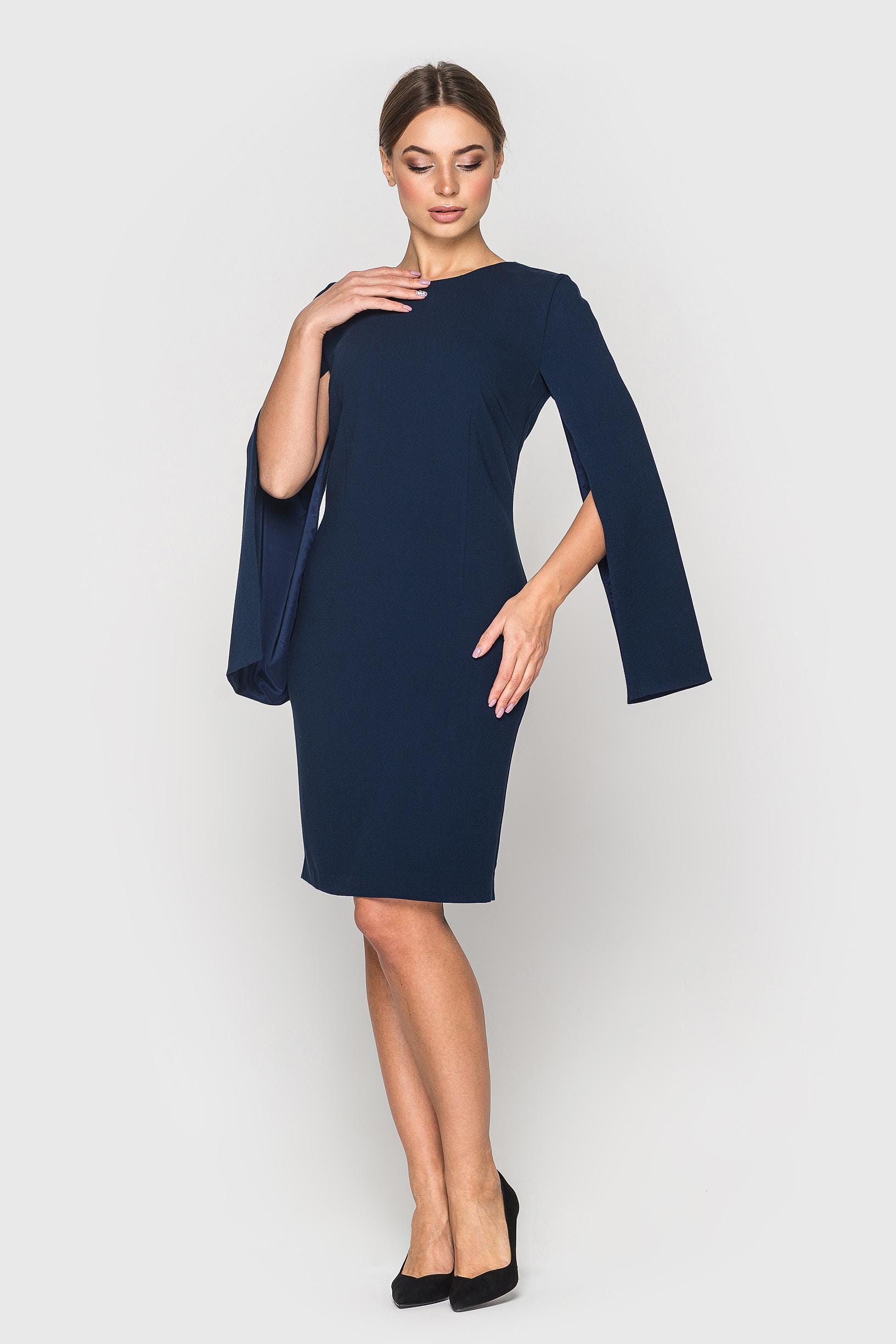 Navy Blue Cape Sleeve Midi Dress, Formal Cocktail Sheath Navy Blue Cape Sleeve Midi Dress, Formal Cocktail Sheath