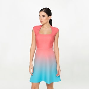 Ombre mini dress , Sunset Gradient cocktail dress, Square neck spring dress Pink blue dresses for women Dress Novelty unique dress TAVROVSKA