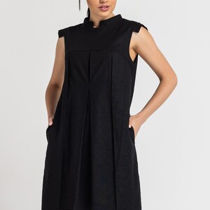 Black Linen Shift Dress summer, Mandarin Collar, Sleeveless Mini Dress image 4