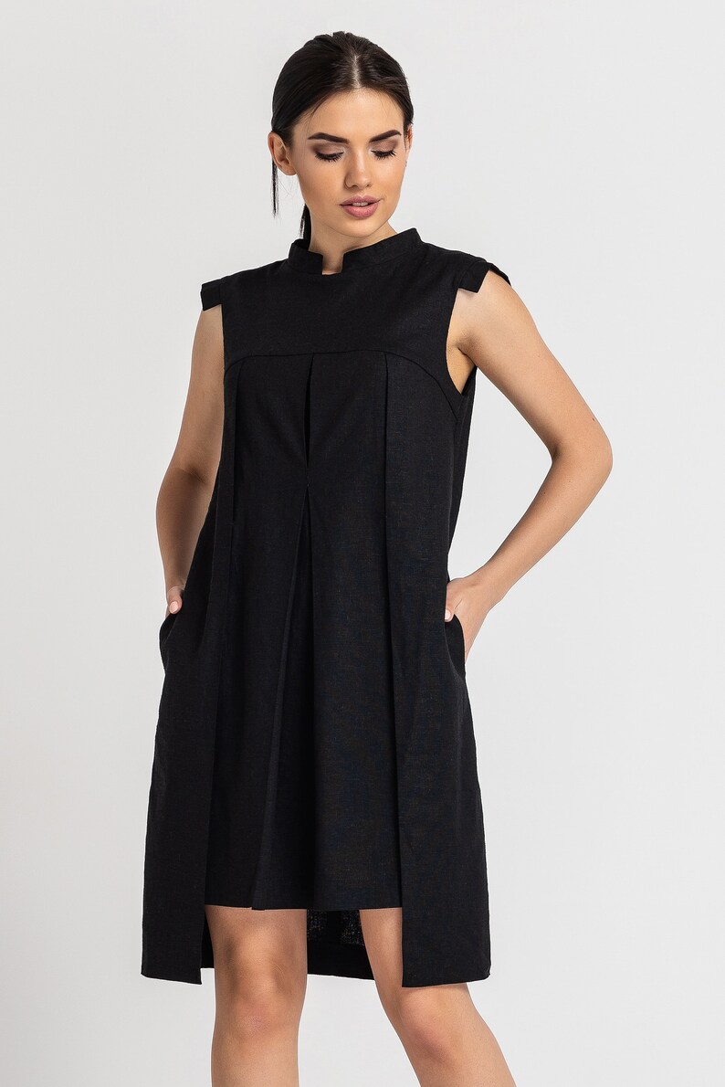 Black Linen Shift Dress summer, Mandarin Collar, Sleeveless Mini Dress image 4