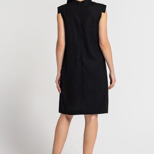 Black Linen Shift Dress summer, Mandarin Collar, Sleeveless Mini Dress image 8
